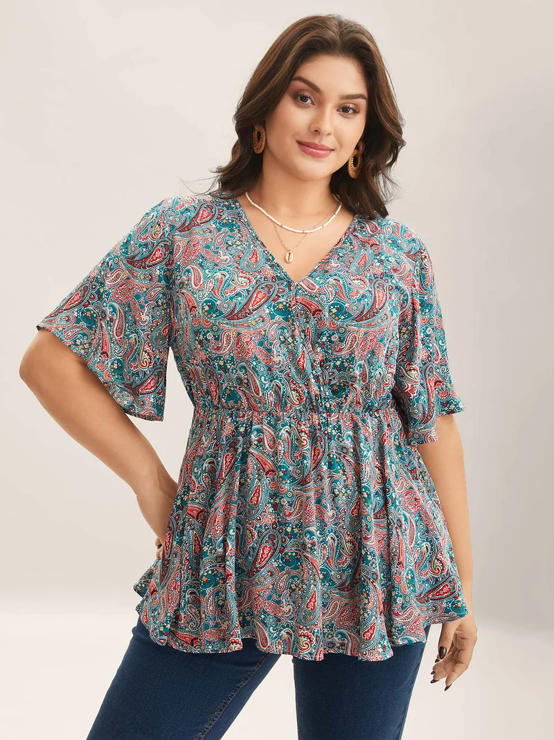 Paisley Print V-Neck Flared Sleeve Blouse
