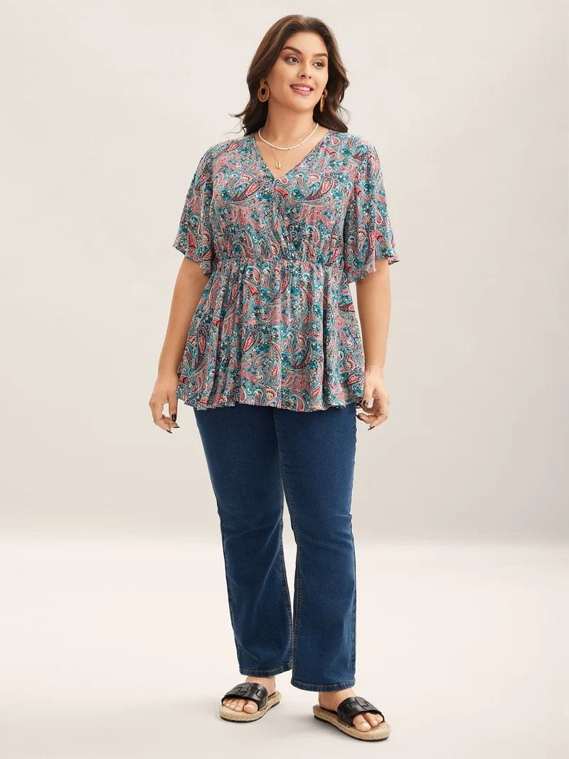 Paisley Print V-Neck Flared Sleeve Blouse