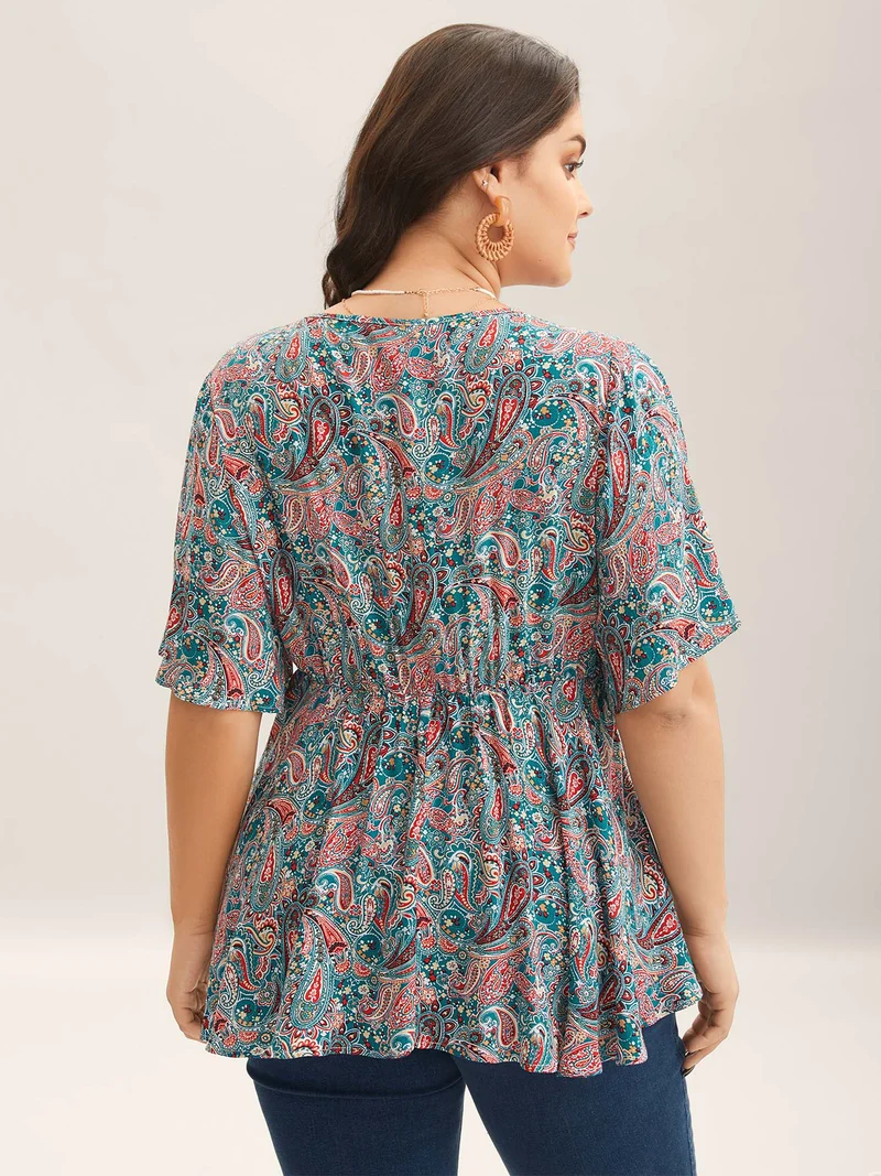 Paisley Print V-Neck Flared Sleeve Blouse