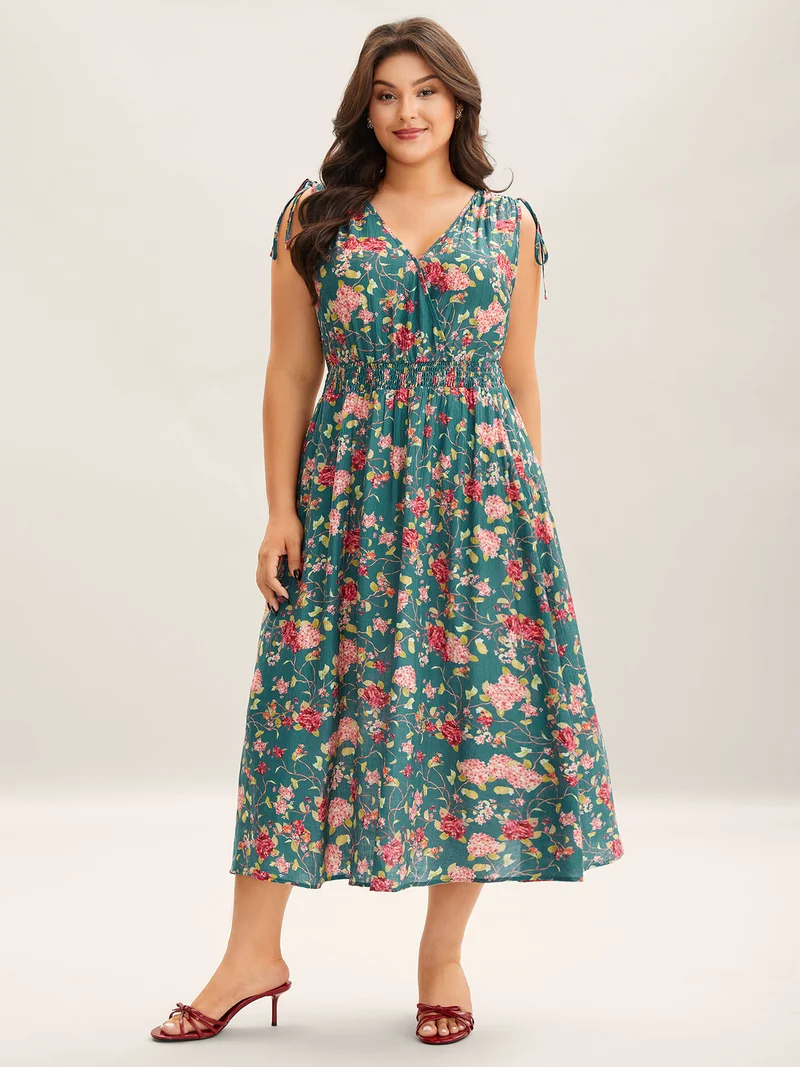 Floral Print Shoulder Tie Pockets Midi Dress