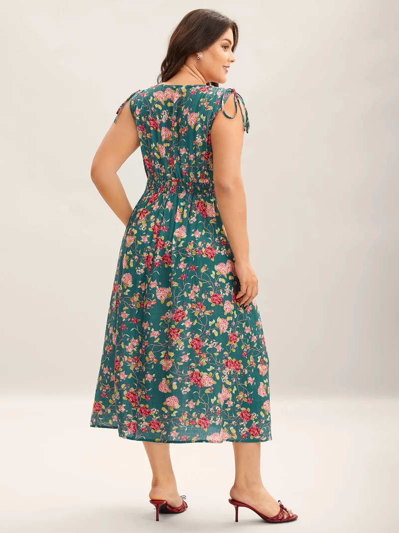 Floral Print Shoulder Tie Pockets Midi Dress