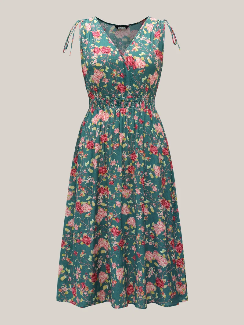 Floral Print Shoulder Tie Pockets Midi Dress