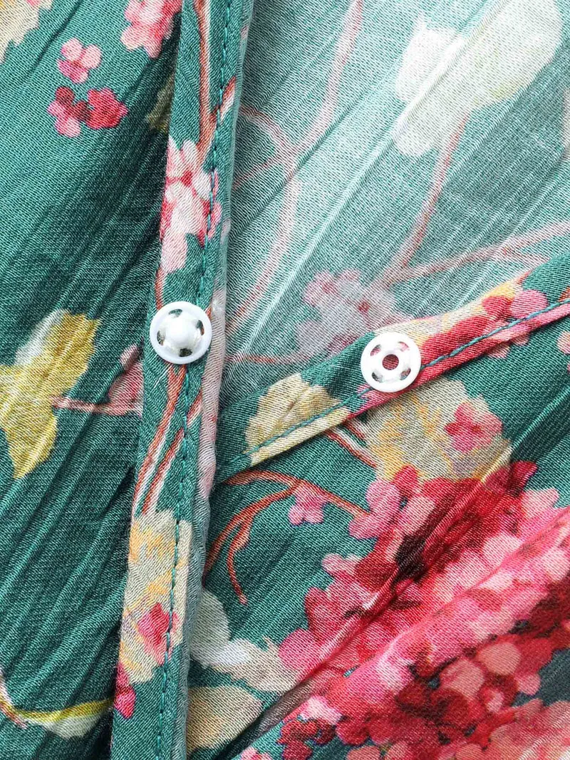 Floral Print Shoulder Tie Pockets Midi Dress