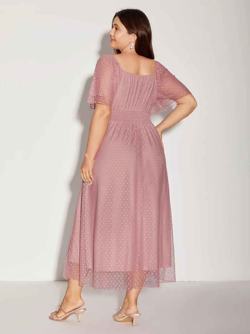 Textured Dot Lace Trim Midi Dress