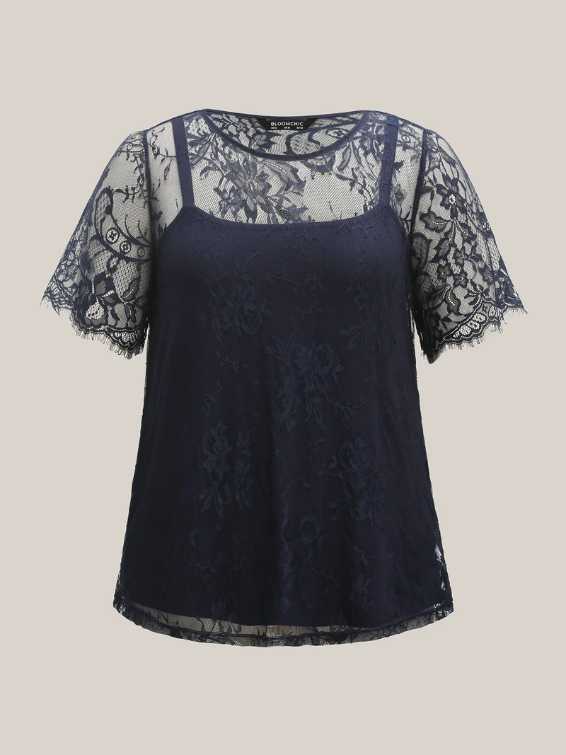 Two-Piece Romantic Sheer Lace Lined T-Shirt
