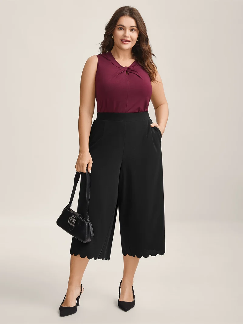 Scalloped Hem Wide-Leg Solid Pants