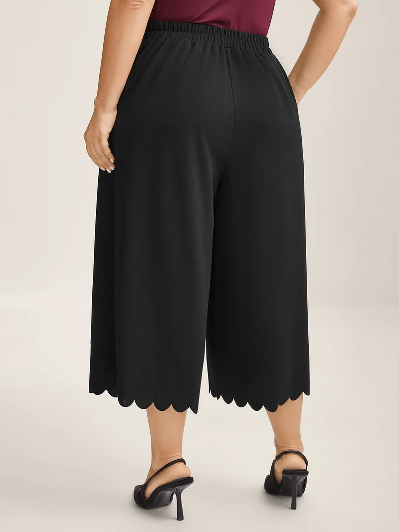 Scalloped Hem Wide-Leg Solid Pants