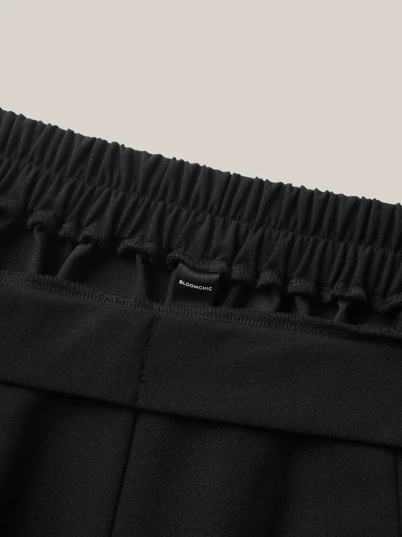 Scalloped Hem Wide-Leg Solid Pants