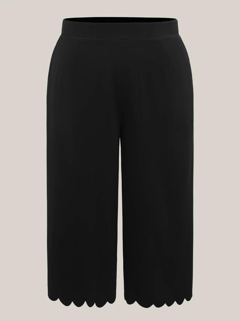 Scalloped Hem Wide-Leg Solid Pants