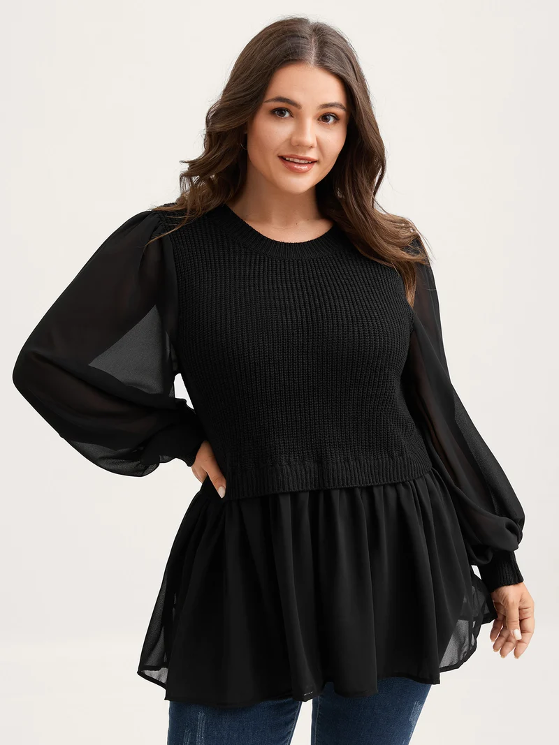 Balloon Sleeve Solid Twofer Sweater