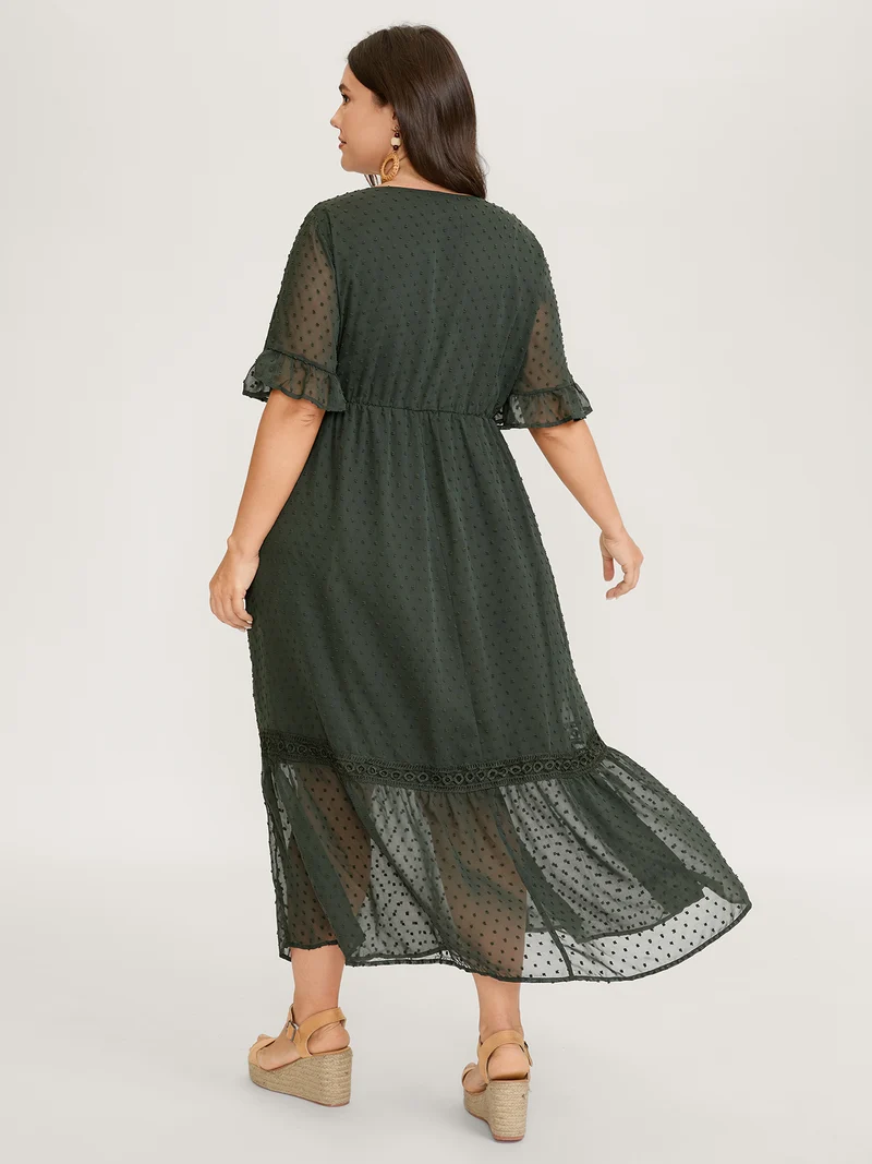 Textured Jacquard Lace Trim Ruffled Maxi Dress