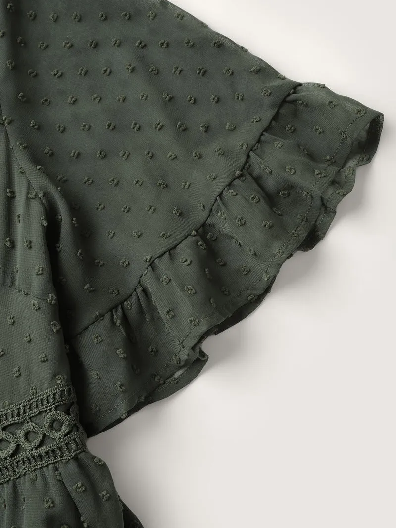 Textured Jacquard Lace Trim Ruffled Maxi Dress