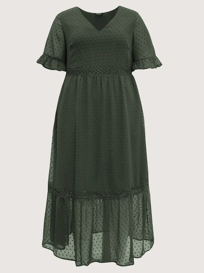 Textured Jacquard Lace Trim Ruffled Maxi Dress