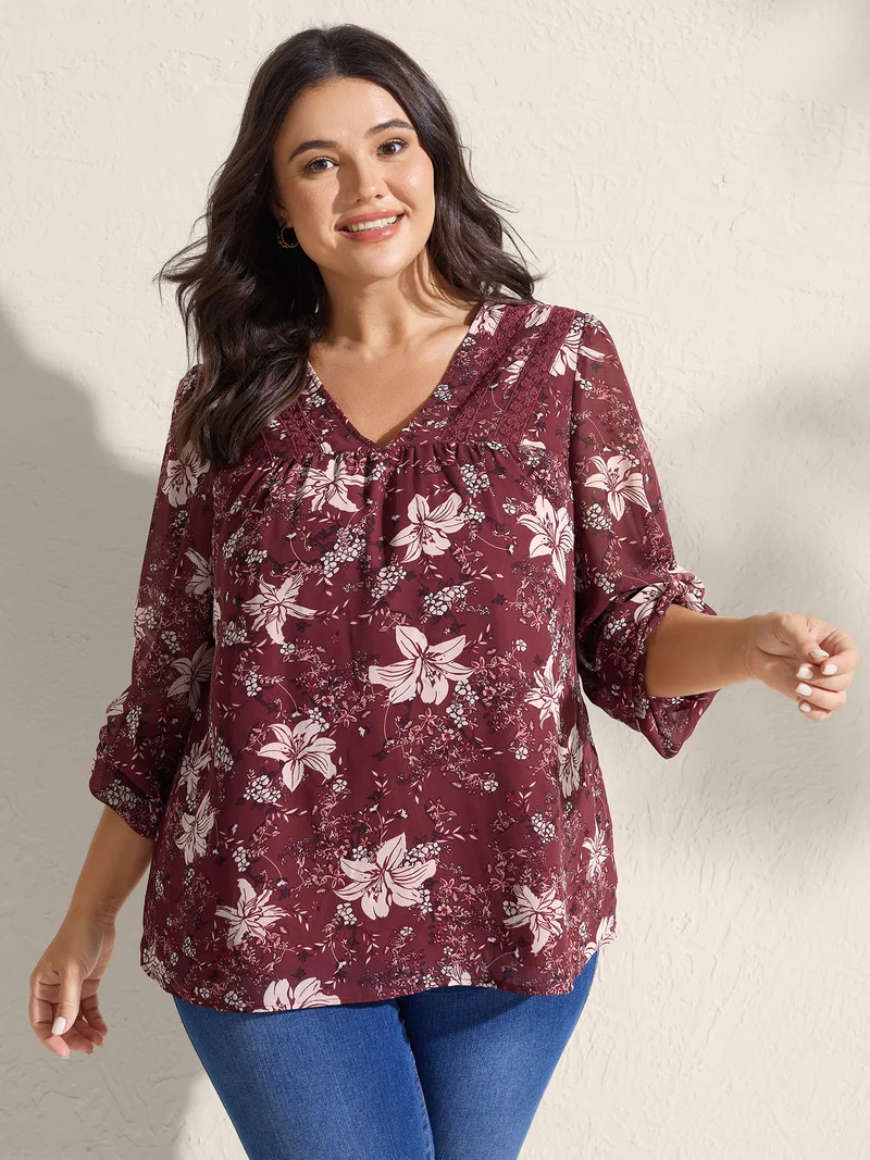 Fall Floral Print Lace Trim Blouse