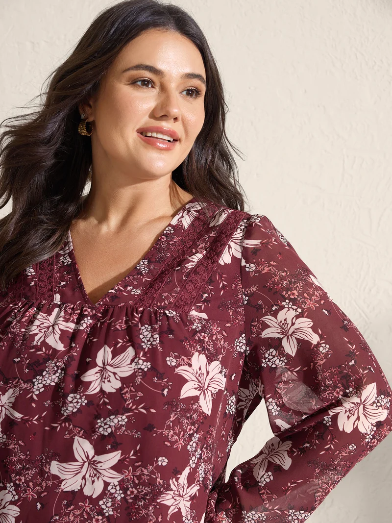 Fall Floral Print Lace Trim Blouse