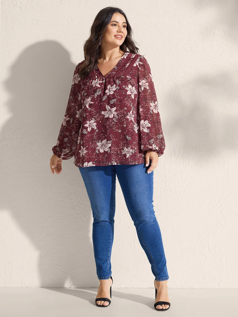 Fall Floral Print Lace Trim Blouse