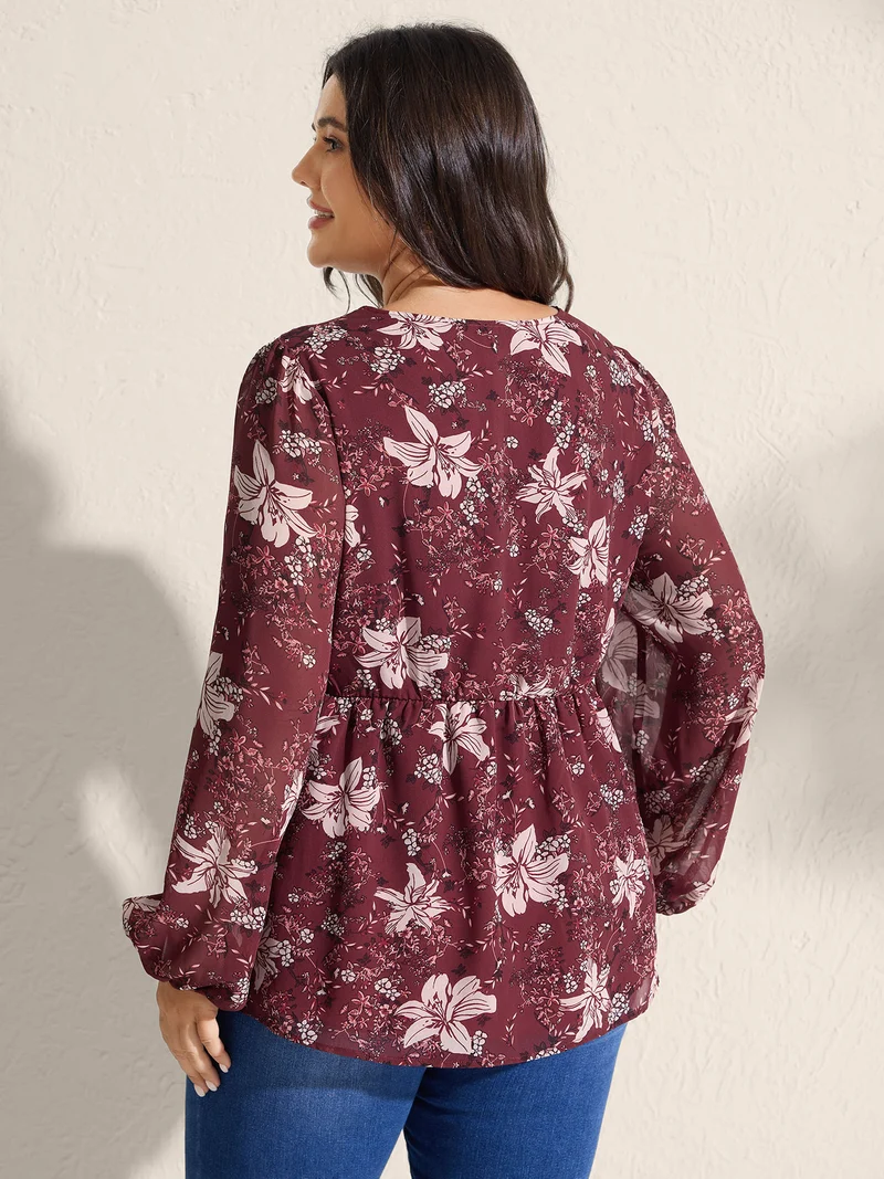 Fall Floral Print Lace Trim Blouse