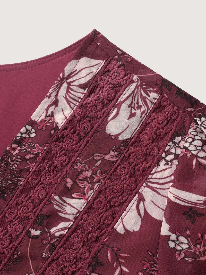 Fall Floral Print Lace Trim Blouse