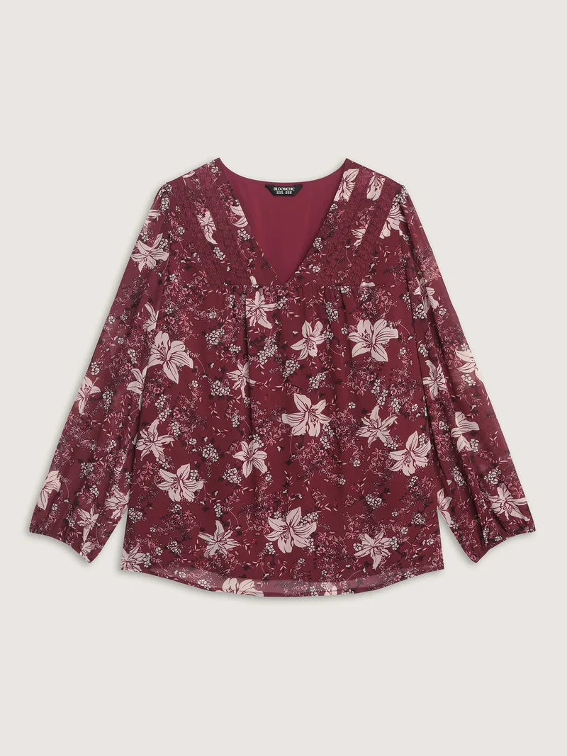 Fall Floral Print Lace Trim Blouse
