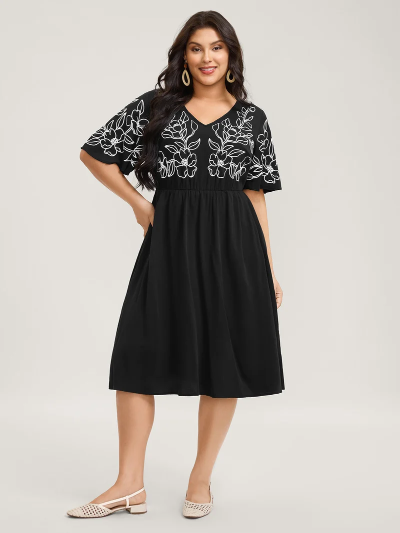 Floral Print Bodice Side Pockets Midi Dress