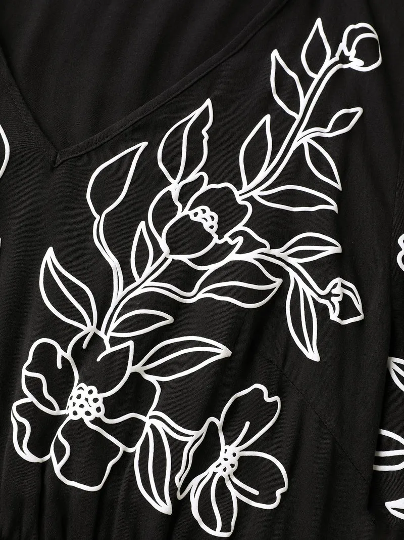 Floral Print Bodice Side Pockets Midi Dress