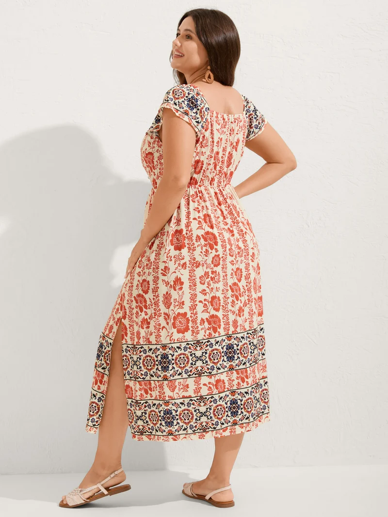 Floral Contrast Print Cap Sleeve Midi Dress