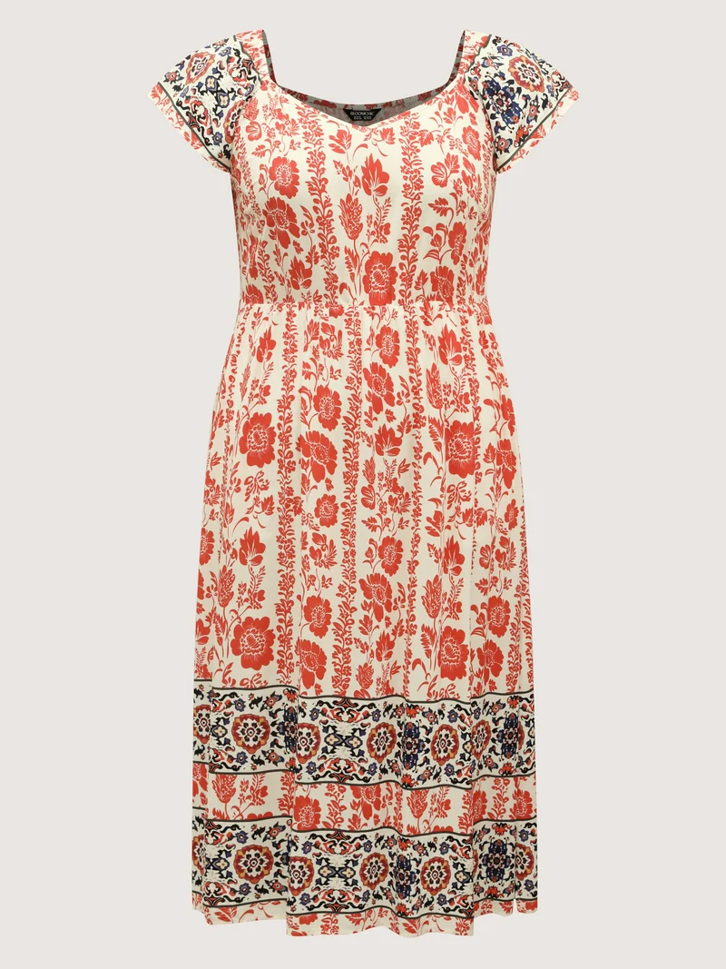 Floral Contrast Print Cap Sleeve Midi Dress