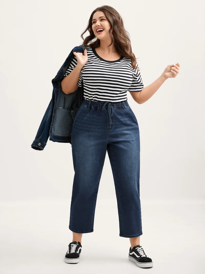 Vintage Wash Rubber Waist Straight-Leg Jeans
