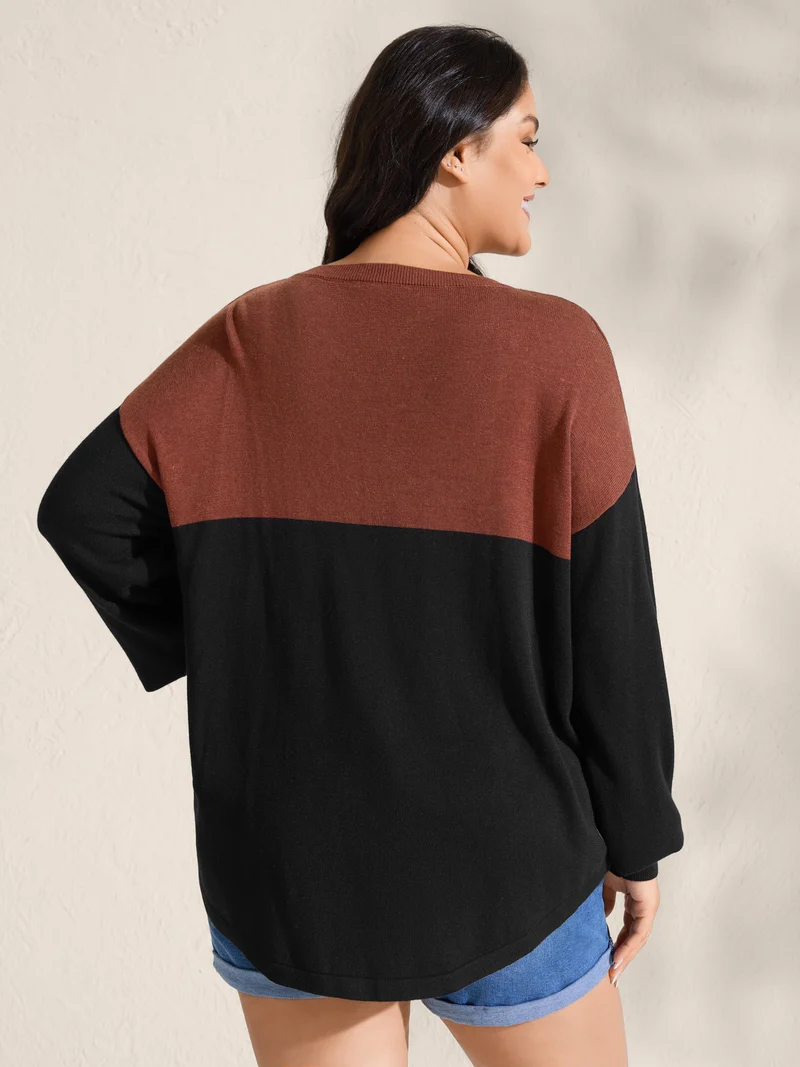 Supersoft Color Block Drop Shoulders Curvy Hem Pullover