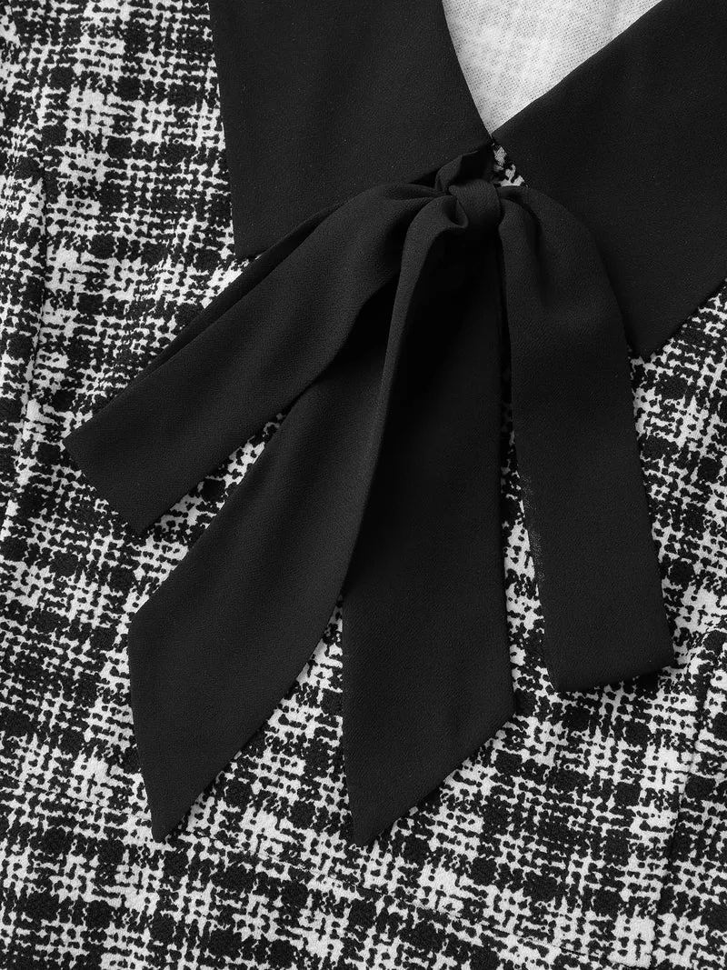 Plaid Stretchy Print Bow-Tie Midi Dress