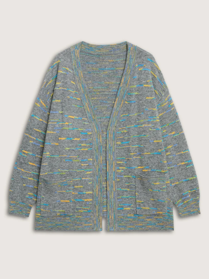 Line Textured V-Neck Pockets Knit Cardigan
