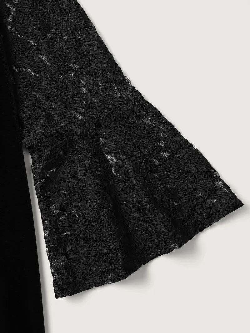 Velvet Lace Sleeve Split Hem Maxi Dress
