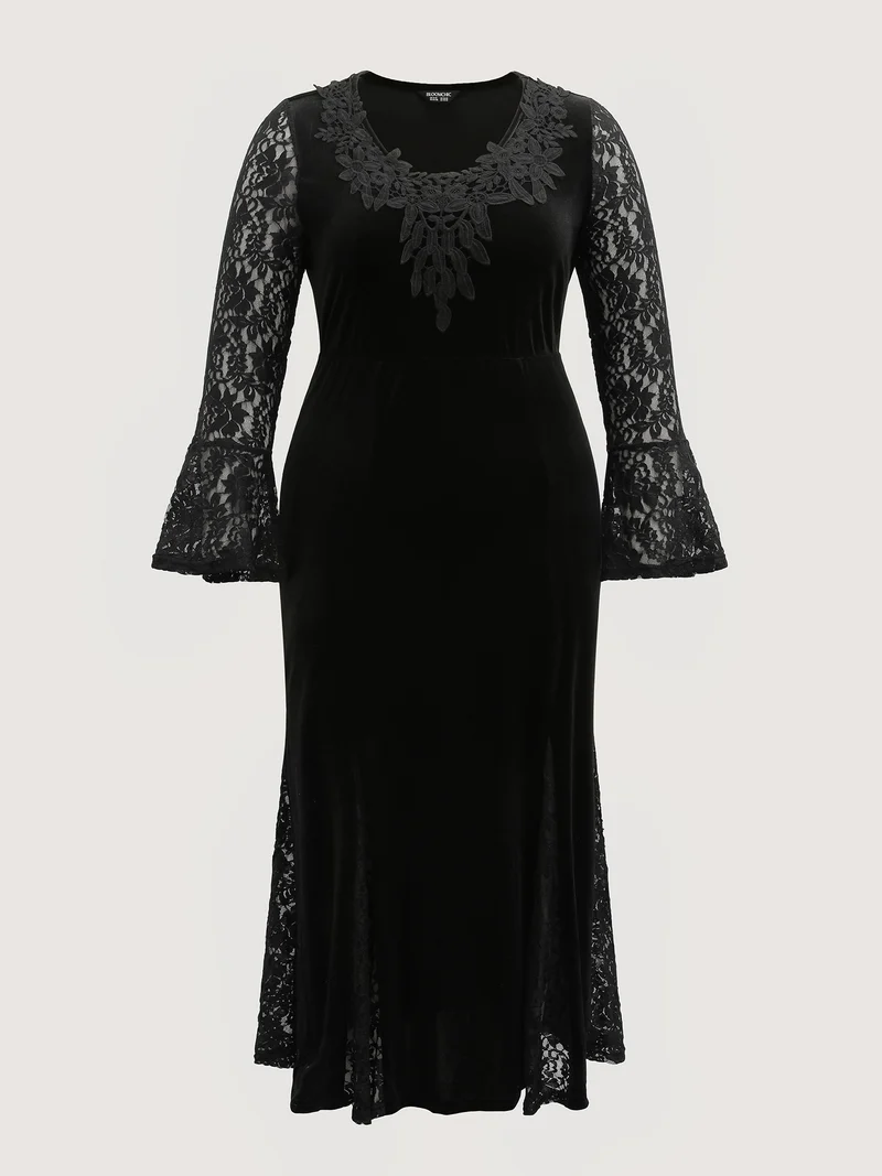 Velvet Lace Sleeve Split Hem Maxi Dress