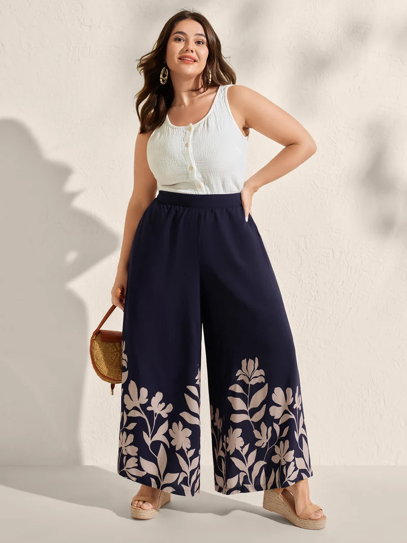 Floral Hem Print Wide-Leg Pants