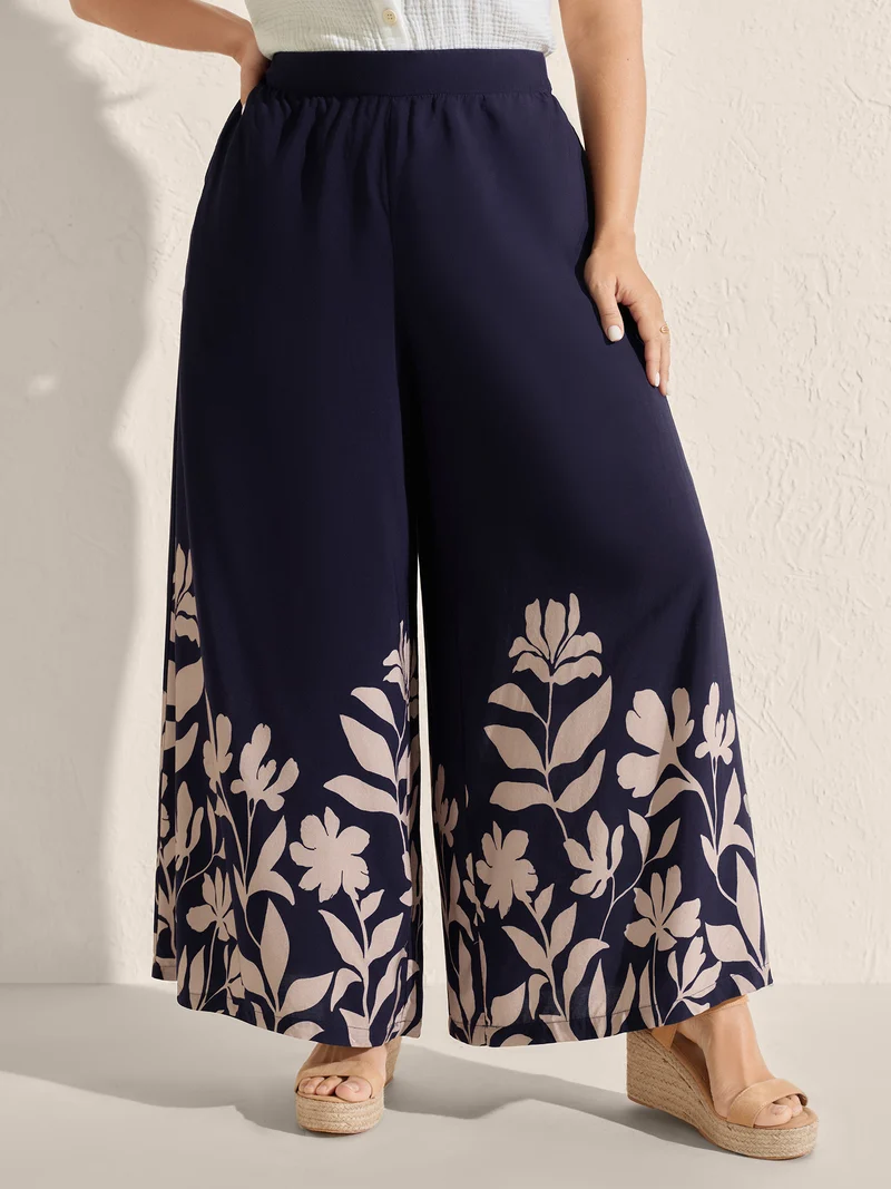 Floral Hem Print Wide-Leg Pants