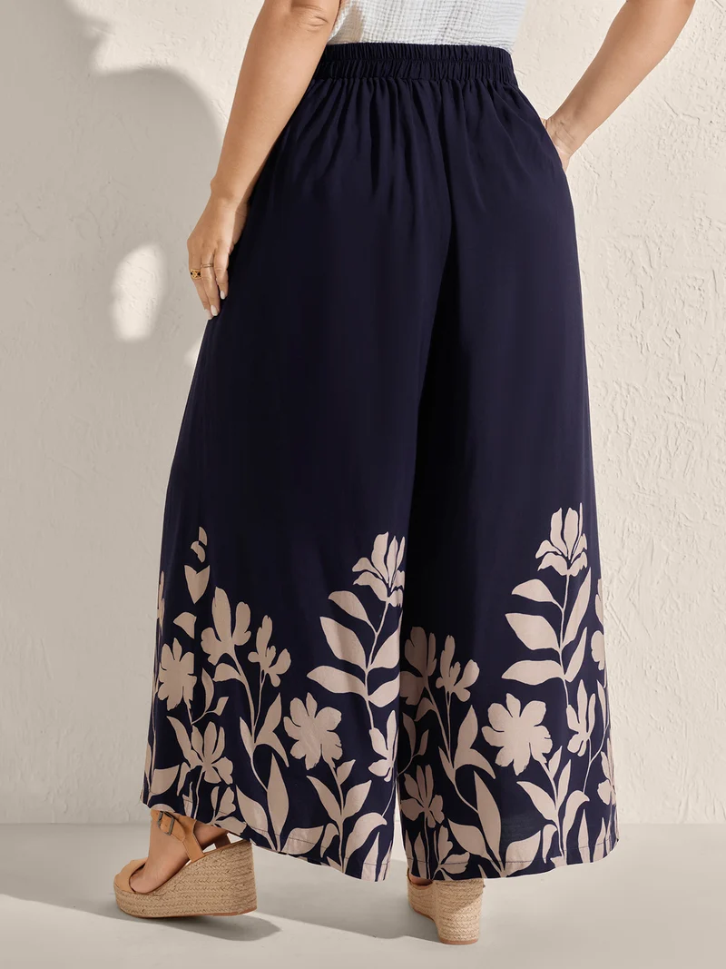 Floral Hem Print Wide-Leg Pants