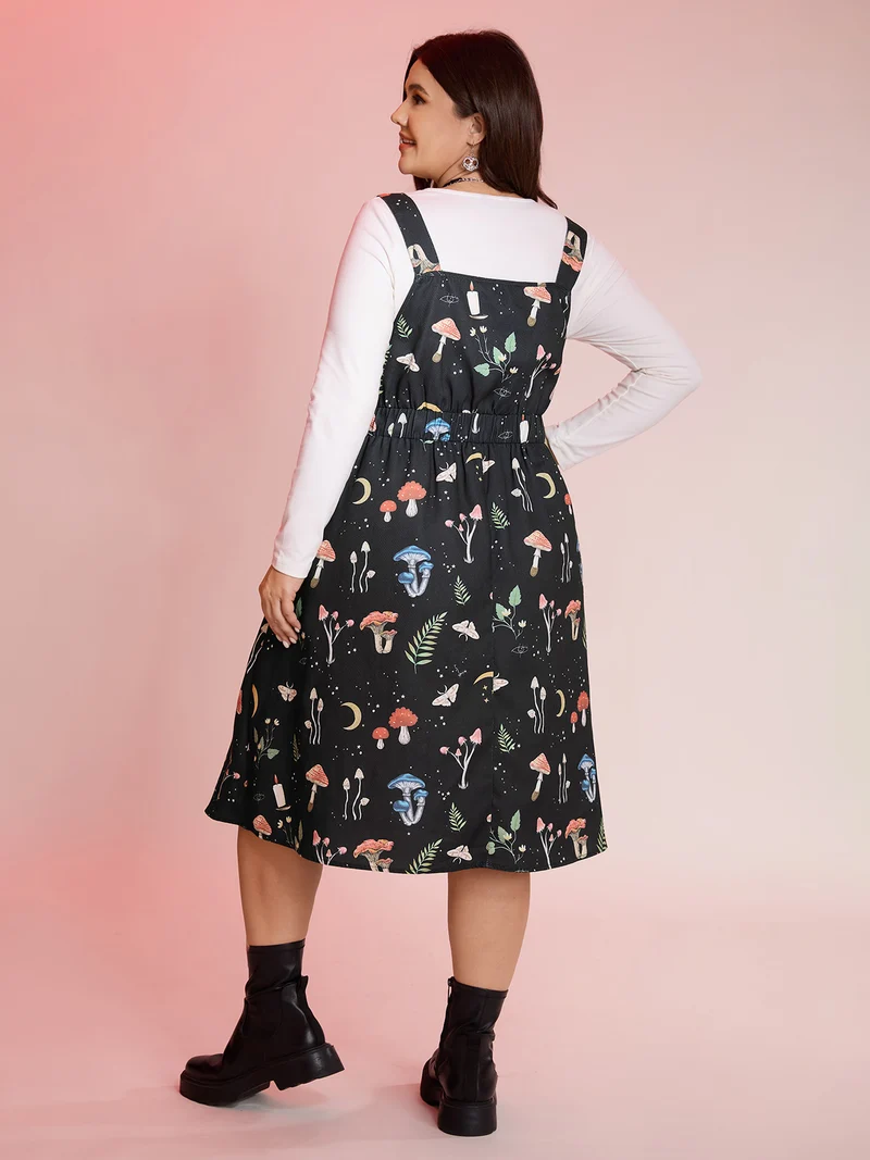 Mushroom Print Adjustable Strap Midi Dress