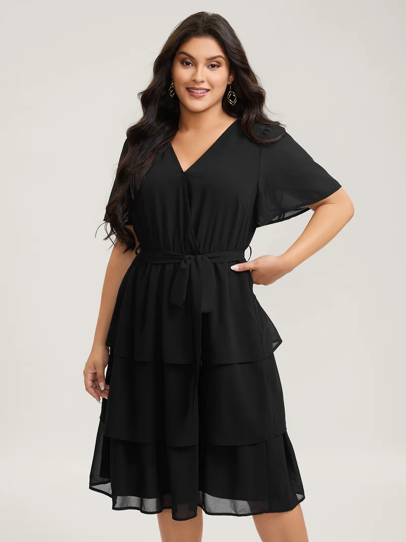 Sheer Chiffon Layered Skirt Belted Midi Dress