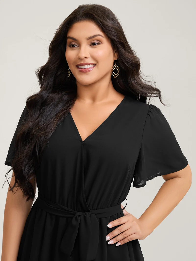 Sheer Chiffon Layered Skirt Belted Midi Dress