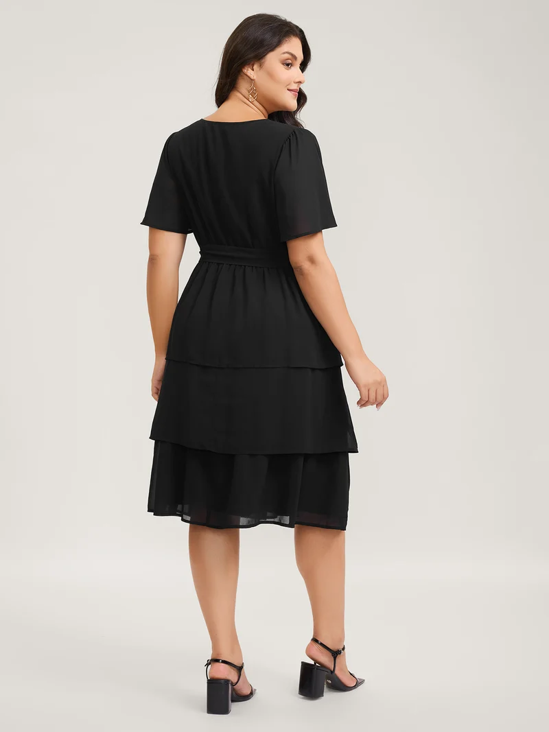 Sheer Chiffon Layered Skirt Belted Midi Dress