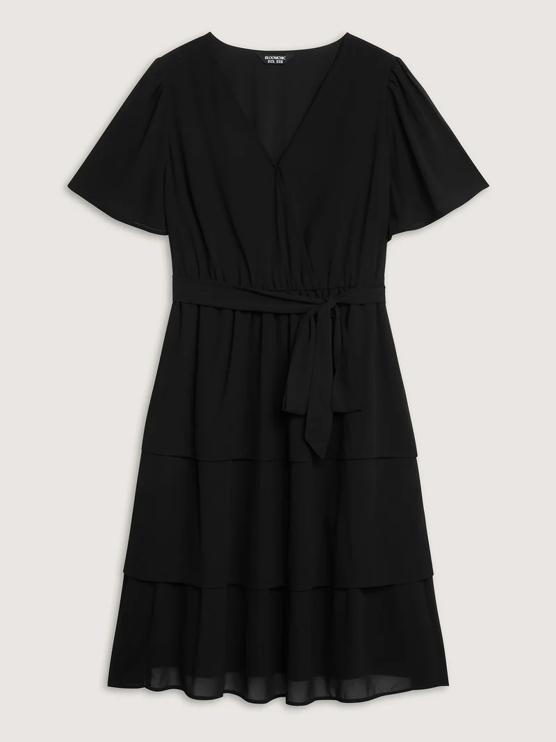Sheer Chiffon Layered Skirt Belted Midi Dress