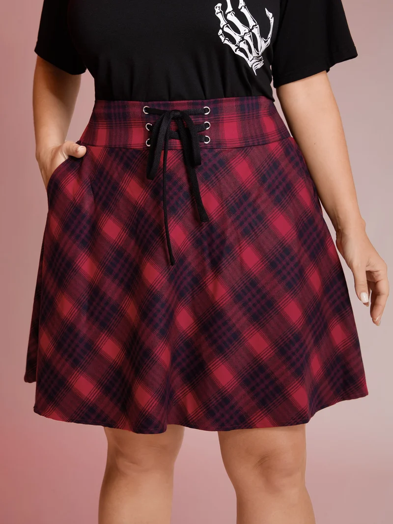 Checkered Print Wide Waistband Tie Mini Skirt