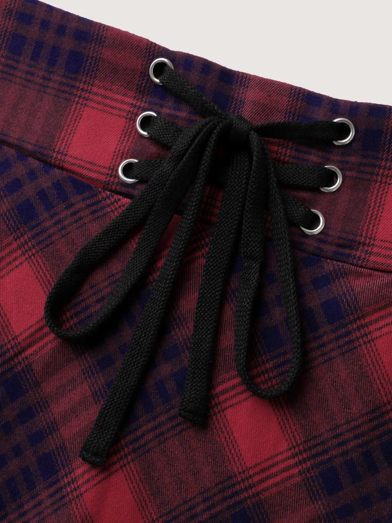 Checkered Print Wide Waistband Tie Mini Skirt