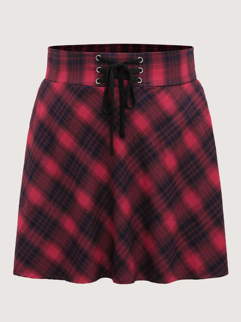 Checkered Print Wide Waistband Tie Mini Skirt