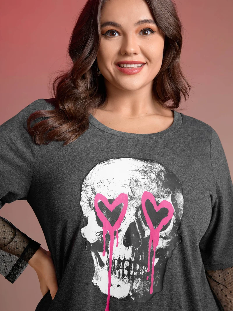 Love Skull Partial Sheer Sleeve T-Shirt