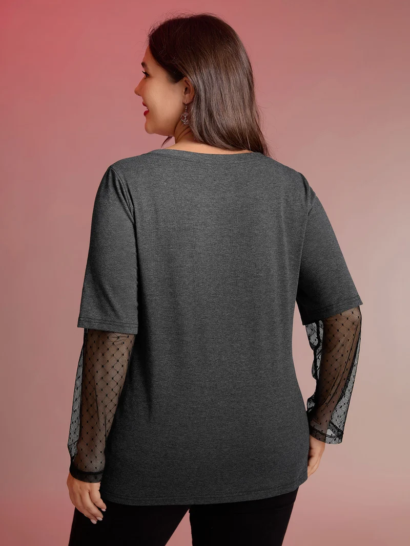 Love Skull Partial Sheer Sleeve T-Shirt