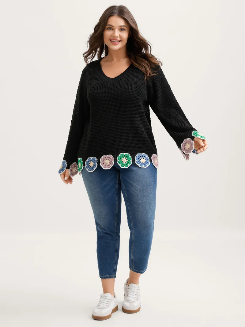 Crochet Floral Hem V-Neck Pullover