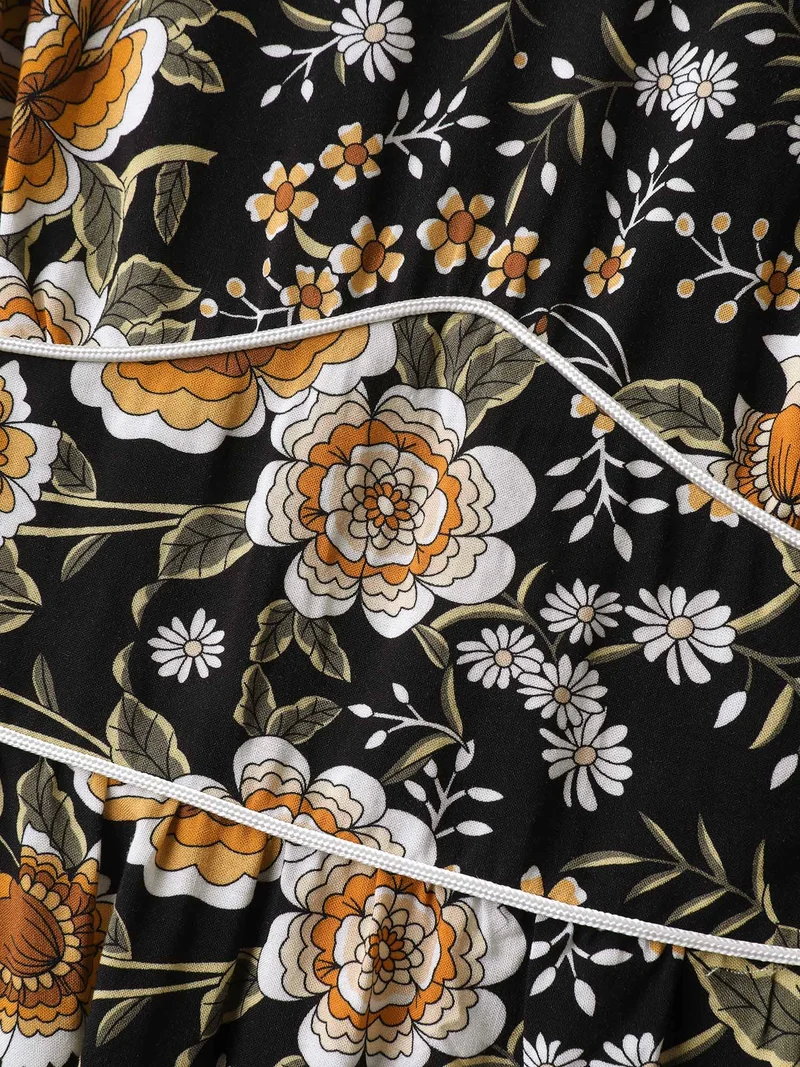 Floral Print Waist-Cinched Contrast Midi Dress