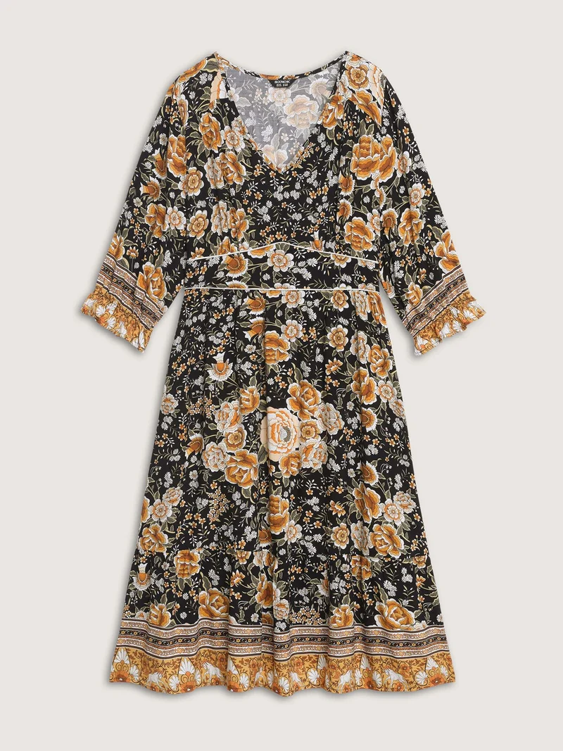 Floral Print Waist-Cinched Contrast Midi Dress