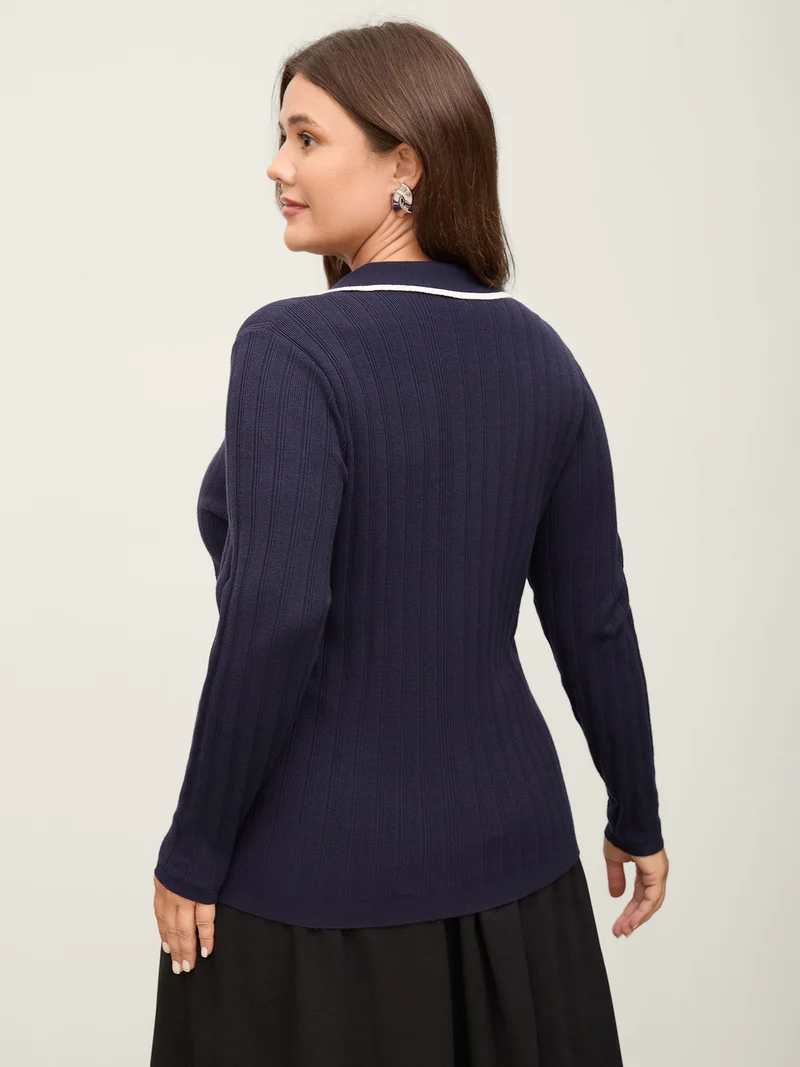 Supersoft Ribbed Color Contrast Polo Collar Pullover